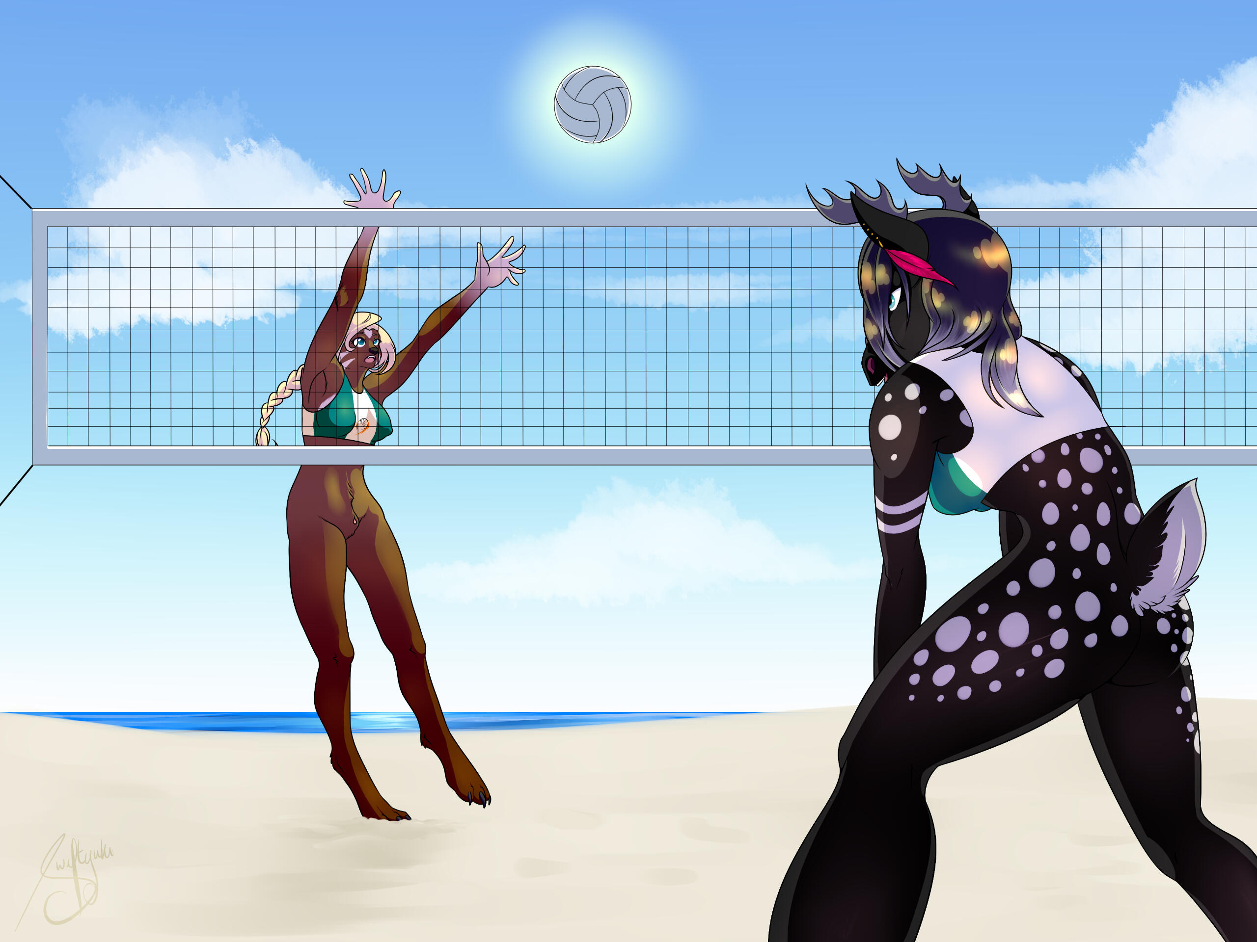 YCH commission for someone of their characters playing volleyball
