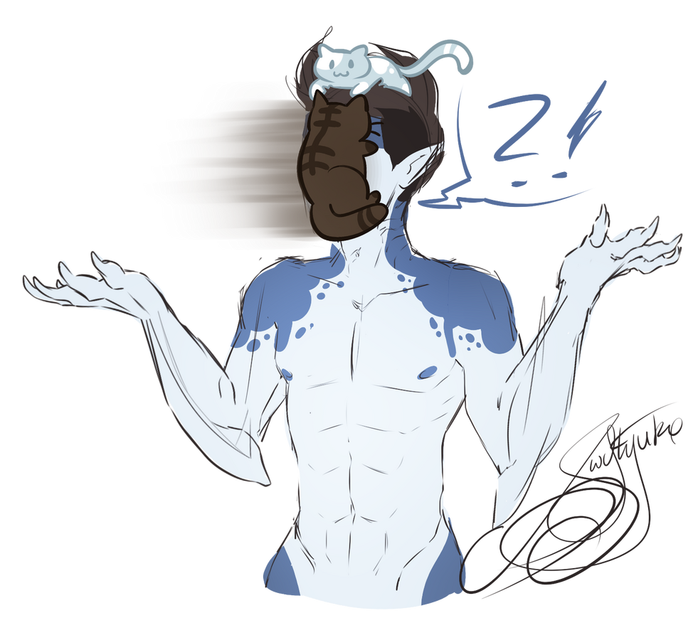 MonsterFaye's OC Gentle being pelted with cats