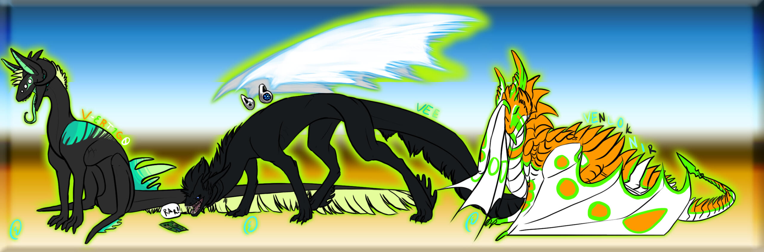 Gift art of a friend's three OCs under a species swap