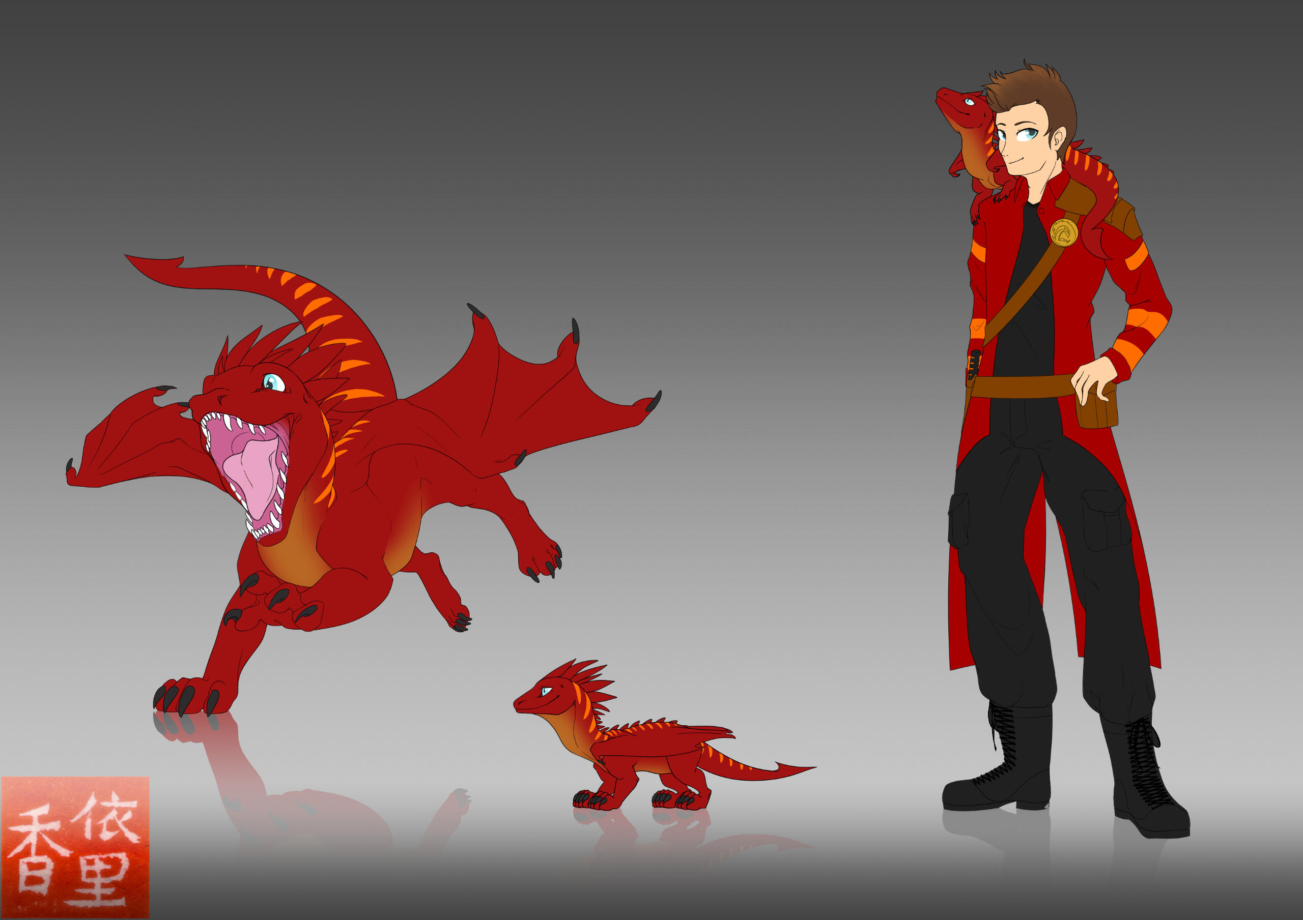 Drak in his human form in comparison to younger dragon forms