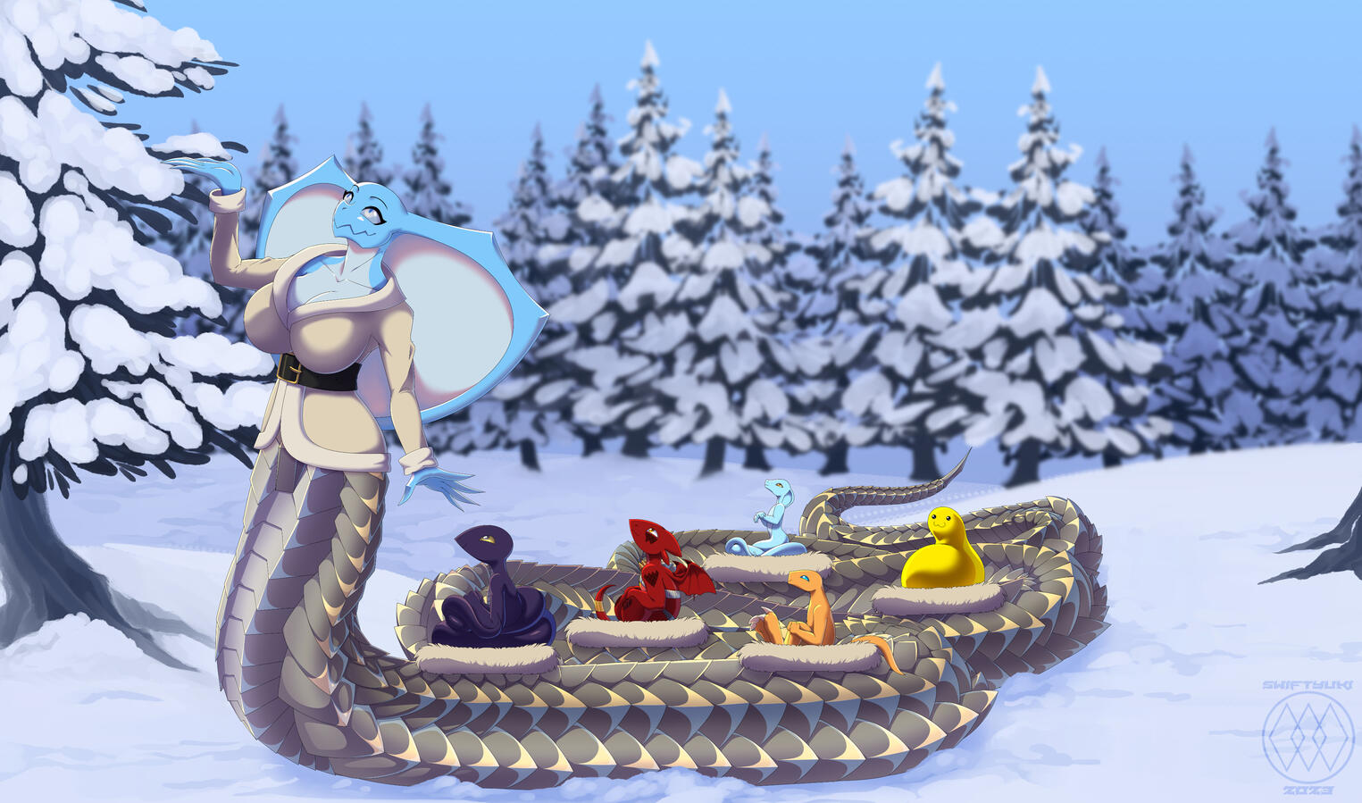 Commission for Tashrin of a Nagshare with some kids in a winter scene